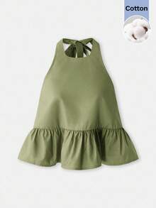 Maija Áo kiểu dáng rộng rãi, cổ buộc dây, hở lưng, vạt bèo nhún, phong cách thành thị dành cho nữ mùa thu. - xanh quân đội - Xem 10