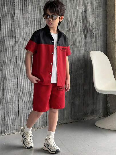 SHEIN 2件套幼儿男童撞色短袖上衣和短裤套装
