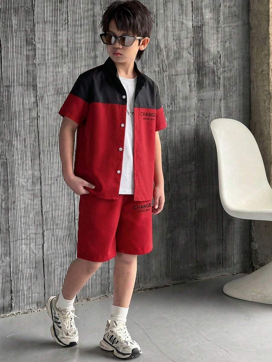 SHEIN 2pcs/Set Toddler Boys' Colorblock Short Sleeve Top And Shorts Set - Red - View 1