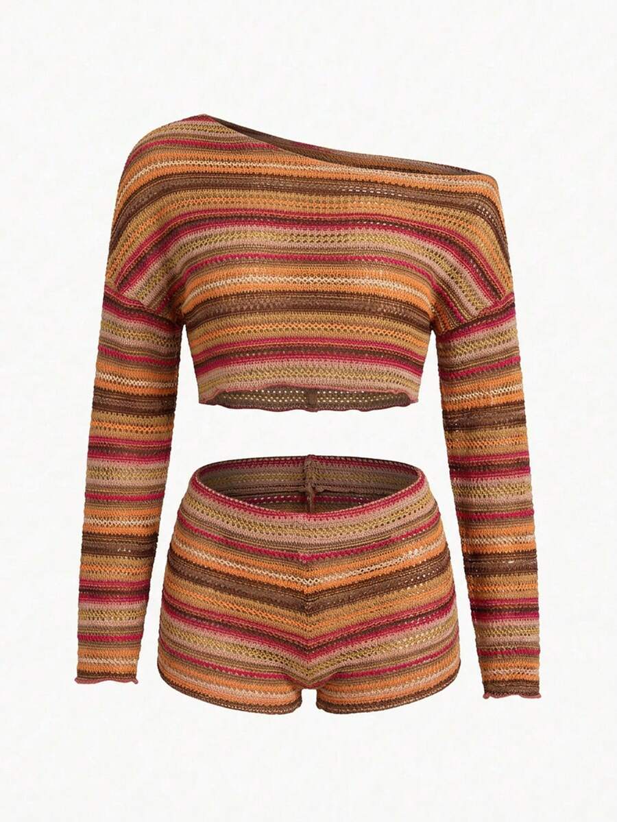 SHEIN PETITE Holiday 2pcs Women Striped Asymmetrical Shoulder Long Sleeve Top And Shorts Set