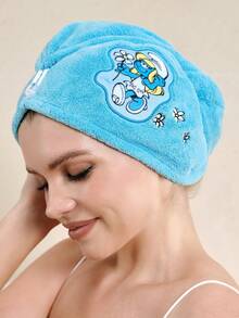 SHEIN X The Smurfs 1Pc Cartoon Embroidered Dry Hair Cap, Blue Sister Pattern Made Of Super Absorbent Material, Suitable For All Hair Volumes And Lengths, Dry Hair Towel - Blue - View 6