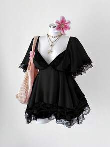 Sunspun New Arrival Sweet Elegant Going Out Tops, Bow Accent, Chiffon & Contrast Lace, Waist Cinching, Ruffle Hem Cropped Blouse - Black - View 6