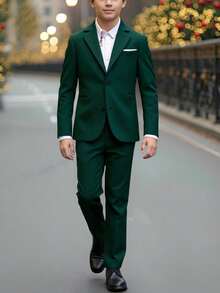 SHEIN 2pcs Tween Boy Dark Green Winter Elegant Formal Traditional Wedding Outfit,Preppy Gentleman Solid Blazer Jacket And Elastic Waist Pants Set,Party - Green - View 1