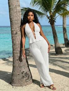 Slaydiva Trang phục cơ bản mùa hè, đa năng, giản dị nhưng thanh lịch, phù hợp cho kỳ nghỉ, du lịch, bãi biển, bờ biển, hồ bơi, du thuyền, tắm nắng, thư giãn và sang trọng. Áo vest cổ yếm thắt nơ và quần ống rộng, bộ vest quần trắng dệt jacquard - Z - trắng - Xem 3