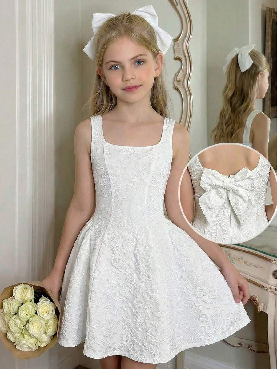 SHEIN Pitira 少女優雅白色提花方領A字無袖洋裝,背後蝴蝶結裝飾,夏季小新娘禮服 - 白色 - 查看 1