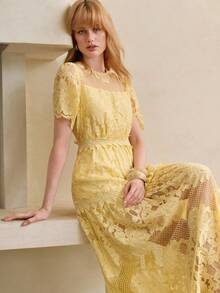 Arave Women's Elegant Lace Round Neck Floral Print Long Dress, Stylish For Date Vacation Yellow Summer - Pale Yellow - View 1