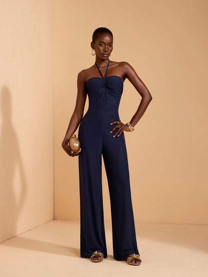 JIAN LASALA Eleganter ärmellose Jumpsuit in Blau, extra lang und weites Bein, für Frühling und Sommer