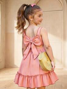 女童（小号）休闲中长连衣裙，后背饰有可爱蝴蝶结。 - 粉色 - 查看 3