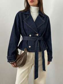 Dazy-Less Spring & Summer Loose Casual Raw Denim Blue Elegant Women Denim Jacket And Coat - Blue - View 3