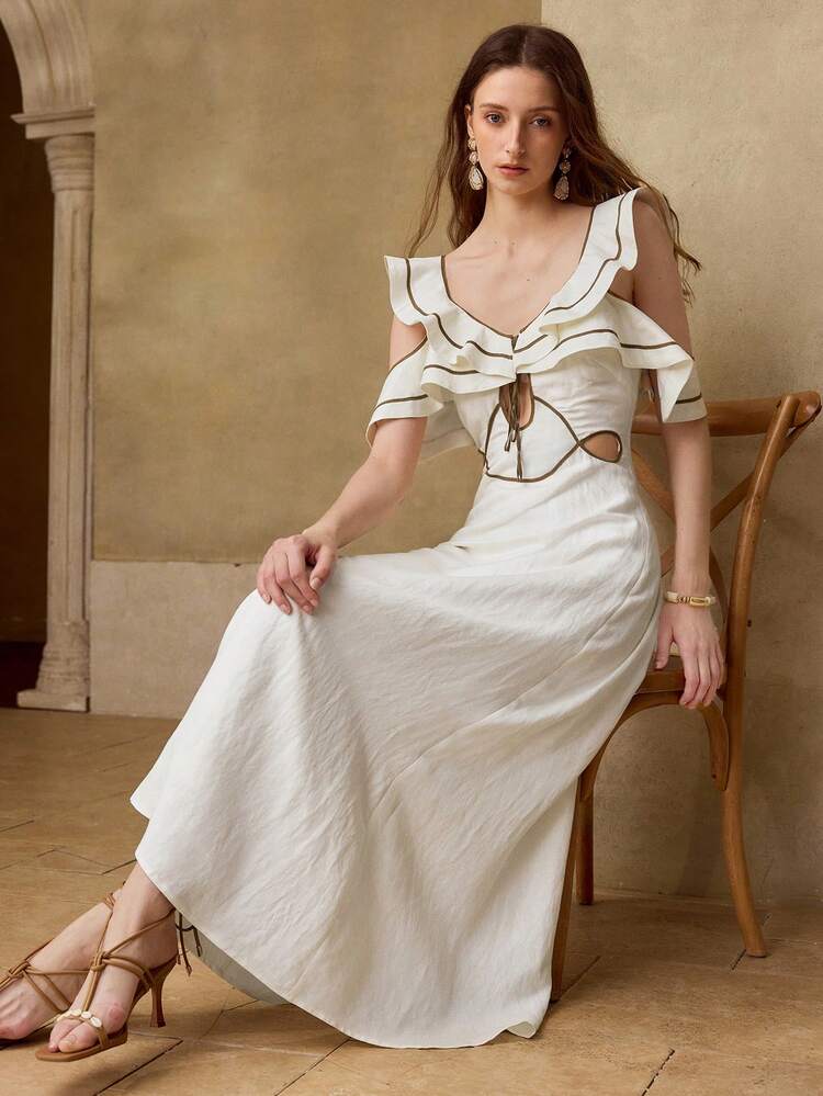 WOMEN'S CONTRAST COLOR LINEN DRESS WITH STYLISH DESIGN, SPRING/SUMMER