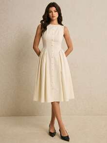 Poéselle Damen Midi-Kleid mit Falten und elegantem Taillenbund, einfarbig, für Partys - Beige - Übersicht 7