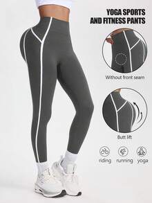 Gameset SHEIN Sport Quần yoga cạp cao kẻ sọc tương phản, thiết kế ôm sát theo phong cách Âu Mỹ, chất liệu co giãn cao, phù hợp cho yoga, thể dục và mặc thường ngày, thiết thực và thời trang. - Màu xám đen - Xem 2