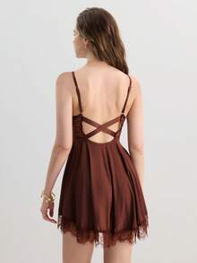 Hourtrue 性感蕾丝露背女士家居服睡袍仿丝绸睡衣睡衣连衣裙 - 咖啡棕 - 查看 2