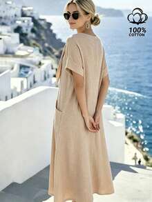 Louniche Đầm dài nữ kiểu dáng thường ngày, thoải mái, 100% cotton, cổ tròn, thắt nơ, có túi, thích hợp cho kỳ nghỉ xuân/hè. - Màu Khaki - Xem 7