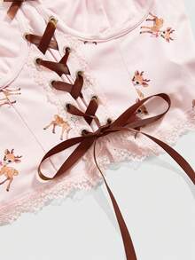 ROMWE Kawaii 可爱小鹿印花蕾丝拼接蝴蝶结吊带背心（女款） - 粉色 - 查看 3