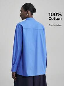 Ontre 2026春夏新款女士裹身式纯色立领长袖简约衬衫，不对称剪裁，现代优雅都市商务休闲办公装，约会派对聚会外出上衣，适合婚礼宾客、生日庆典、优雅女士衬衫、教师制服等场合。 - 藍色 - 查看 4