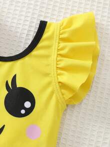 Cozy Pixies Roupa de banho infantil feminina com estampa colorida de laço e ursinho de desenho animado, estilo casual e fofo para praia. - Amarelo - Ver 3