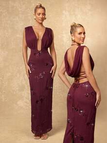 Lumalex Đầm ôm sát hở lưng, thắt eo, chất liệu lưới xếp ly mềm mại, đính sequin dành cho nữ. - Màu đỏ tím - Xem 5