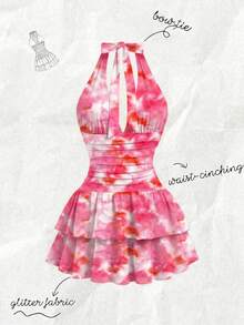 Olithes 女士春夏新款黑色亮面面料露背系带双层荷叶边下摆休闲日常通勤约会派对鸡尾酒会迷你连衣裙 - 粉色 - 查看 2