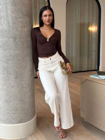 LHSEPT 女式常规腰部宽松阔腿牛仔裤，休闲都市风格，带有装饰性缝线