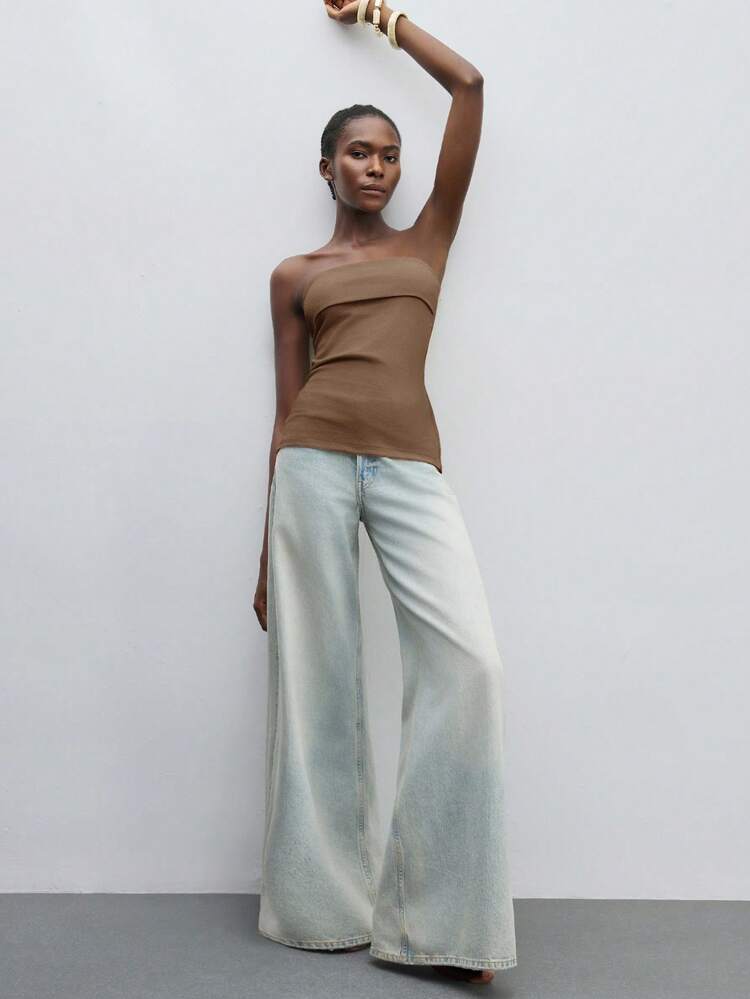 SHEIN Maija Women's Fashion Sexy Solid Color Zip-Up Tube Top,Summer Top