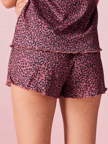 Bonmuse Bộ đồ ngủ 2 món tay ngắn và quần short họa tiết da báo dành cho nữ, đồ mặc nhà cổ tròn tối giản, thoải mái cho mùa hè - Màu Đỏ Sâu - Xem 9