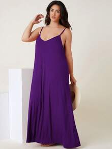 SHEIN BASICS 大码休闲纯色露背吊带连衣裙 - 紫色 - 查看 4