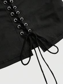 ROMWE Y2K Spring/Summer Women's Sexy Lace-Up Front Contrast Lace Slim Fit Halter Neck Camisole, Suitable For Music Festivals, Parties, Vacations, Dates And Other Occasions - Black - View 7