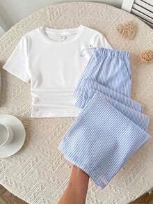 SHEIN 2件套少女休闲圆领上衣和条纹裤套装 - 藍色 - 查看 6