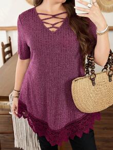 Lacomfia Women's V-Neck Short Sleeve Fitted Asymmetrical Hem Lace Patchwork Versatile Elegant Plus Size T-Shirt - Burgundy - View 7