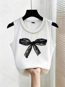 INAWLY Blusa casual de cuello redondo con lazo y decoración de perlas falsas, versátil para uso diario - Blanco - Ver 4