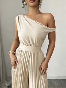 Modelyn Blue Pearl Decor Ruched Shoulder Jumpsuit For Women - Apricot - View 3