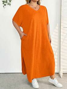SHEIN CURVE+ Plus Size Women's Spring/Summer New Fashion Commuter Casual Pocket Design Split Robe - Orange - View 4