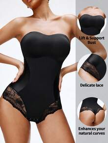 SHAPORA 1件装女士无缝塑身连体衣，无肩带，收腰收腹，性感网纱蕾丝边塑身衣 - 黑色 - 查看 5