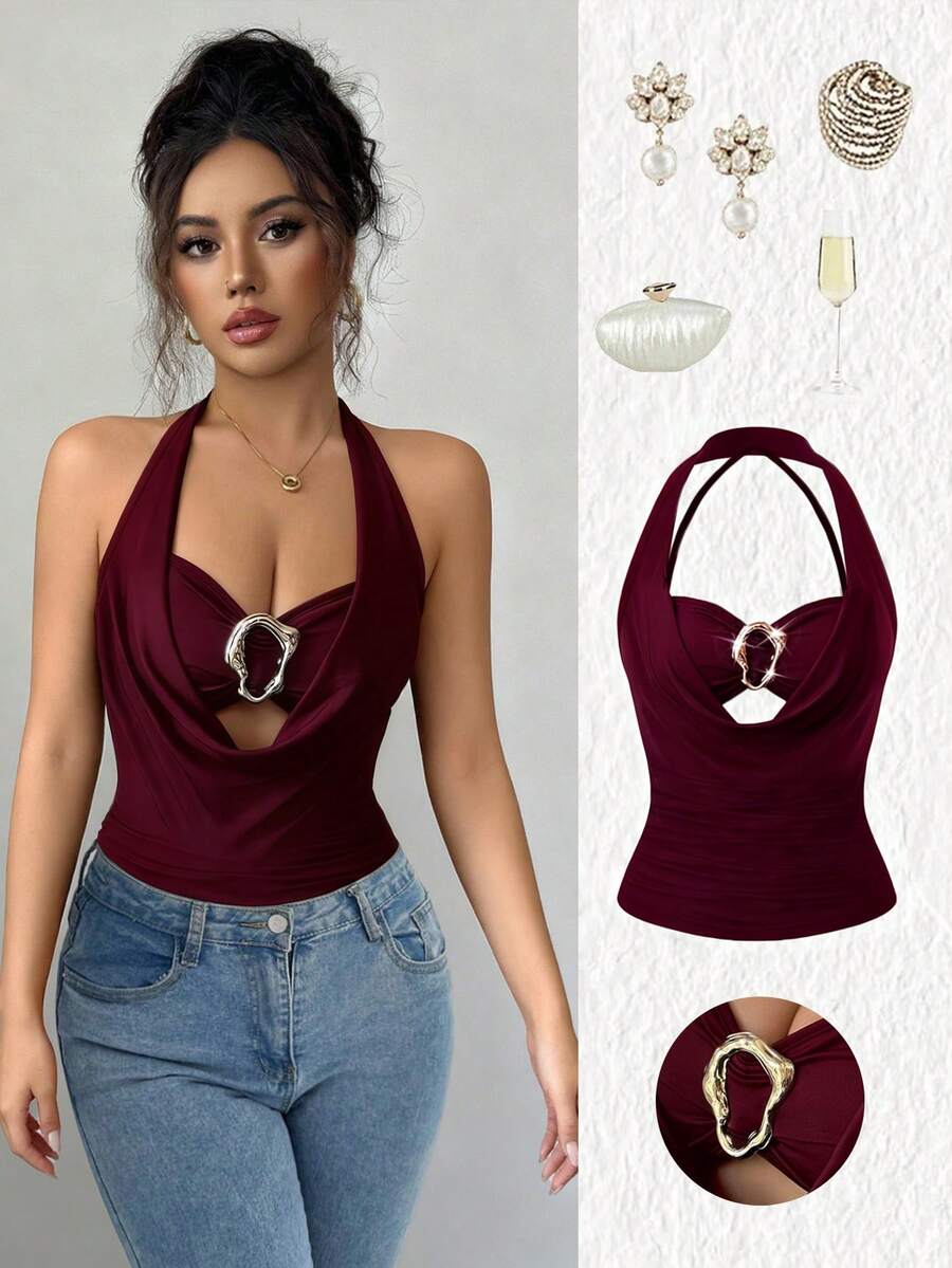 Elenzga Women's Elegant Black Draped Neck Sleeveless Fitted Tank Top With Metal Decor, Ruched Design, Suitable For Spring And Summer - Burgundy - View 1