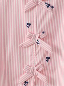 Young Girl Summer Striped Cherry Print Casual Versatile Daily Wear Shirt - Pink - View 5