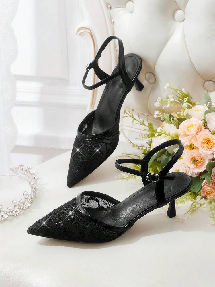 CUCCOO HITCHD Women's High-Heeled Shoes, Exclusive Shoes For Bridal Weddings, Black Glossy Splicing Lace Embroidered Pointed Thin High Heels, Mesh Breathable, Adjustable Buckle For Rear Straps, Elegant Fairy Streamer Shoes, Wedding Dress/Toast Clothes With Banquet Women's Shoes