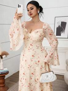 Feyla Plus Size Women Floral Print Sweetheart Neck Flare Sleeve Elegant Dress Formal Wedding Guest Pink Autumn Fall - Multicolor - View 5