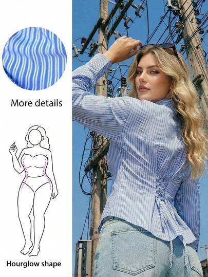 Hourglow Camisa casual de talla grande con cintura ceñida a rayas, estilo Y2K para figura de reloj de arena