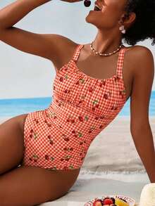Swim Mod Women's Plaid Cherry Print One-Piece Swimsuit, Suitable For Beach Vacation, Pool Party, Beach Party - Red - View 6