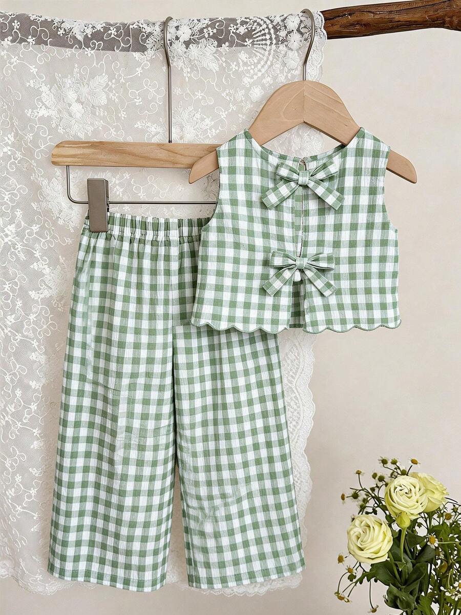 LMoss Kids Conjunto de top sin mangas a cuadros y pantalones lindo para bebé niña, verano - Verde - Ver 1
