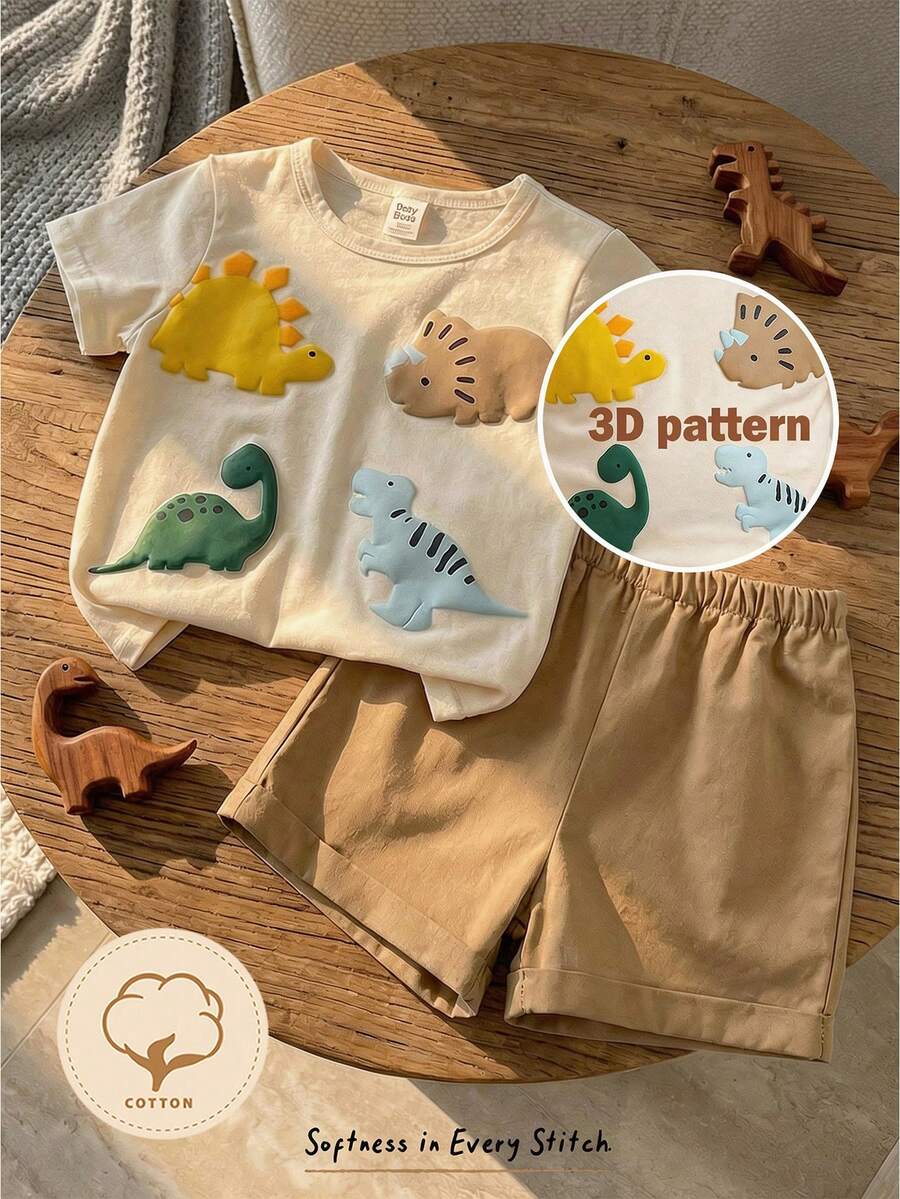 2件套男婴卡通恐龙图案针织柔软圆领短袖上衣和松紧腰裤套装 - 彩色 - 查看 1