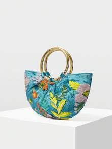 MOTF PREMIUM WOMEN'S HANDBAG, EXQUISITE EMBROIDERED BEADED SEMI-ROUND TOTE BAG - Cadet Blue - View 2