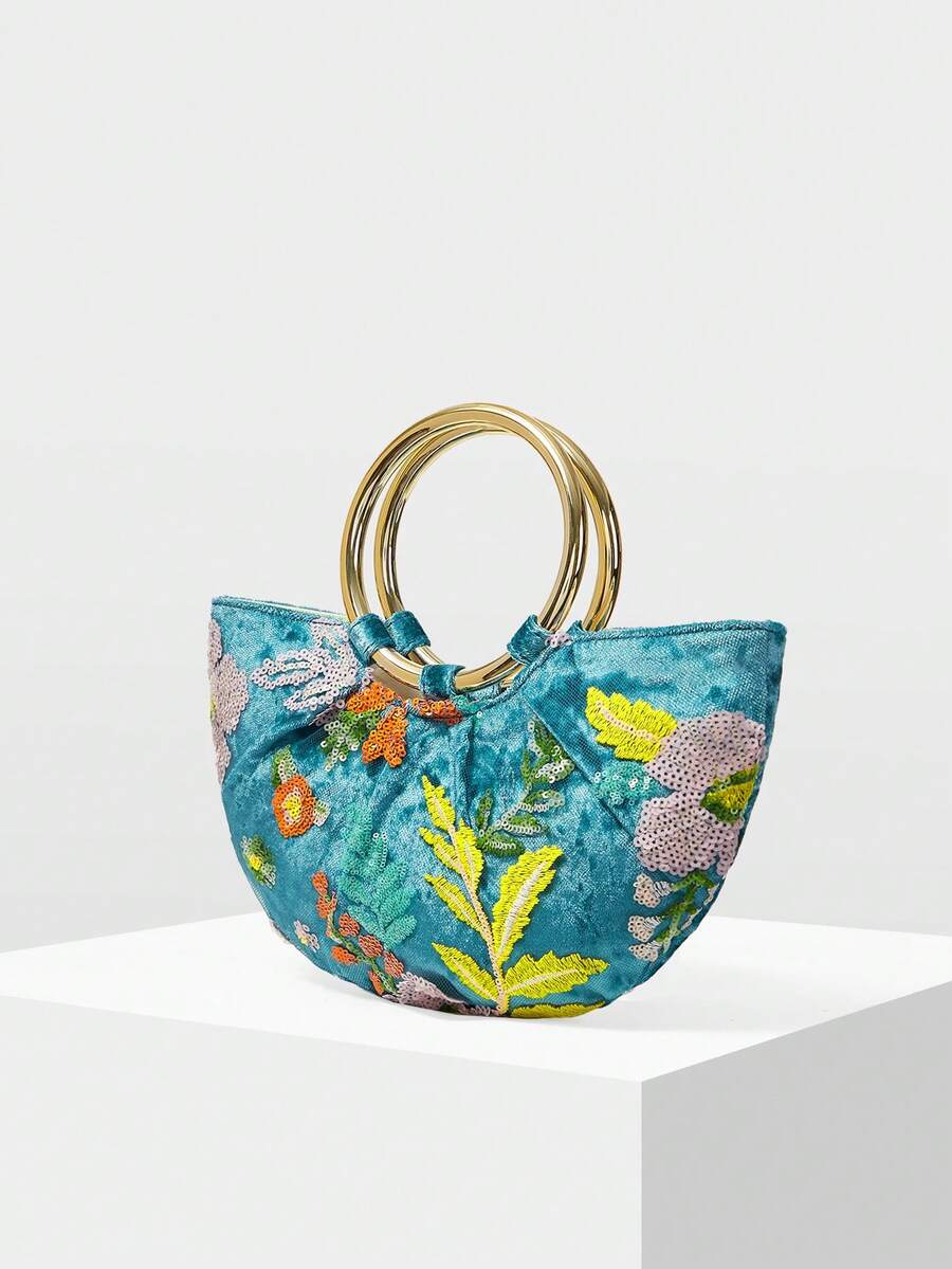 MOTF PREMIUM WOMEN'S HANDBAG, EXQUISITE EMBROIDERED BEADED SEMI-ROUND TOTE BAG - Cadet Blue - View 2