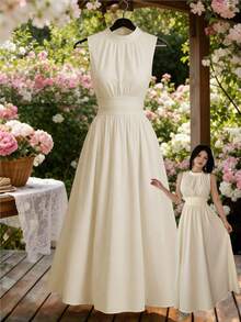 Celisse White Summer Elegant Party Pleated Front Drawstring Waist Dress With Stand Collar,Sleeveless Princess Wedding Gown For Bride Reception Bridesmaid - Apricot - View 1