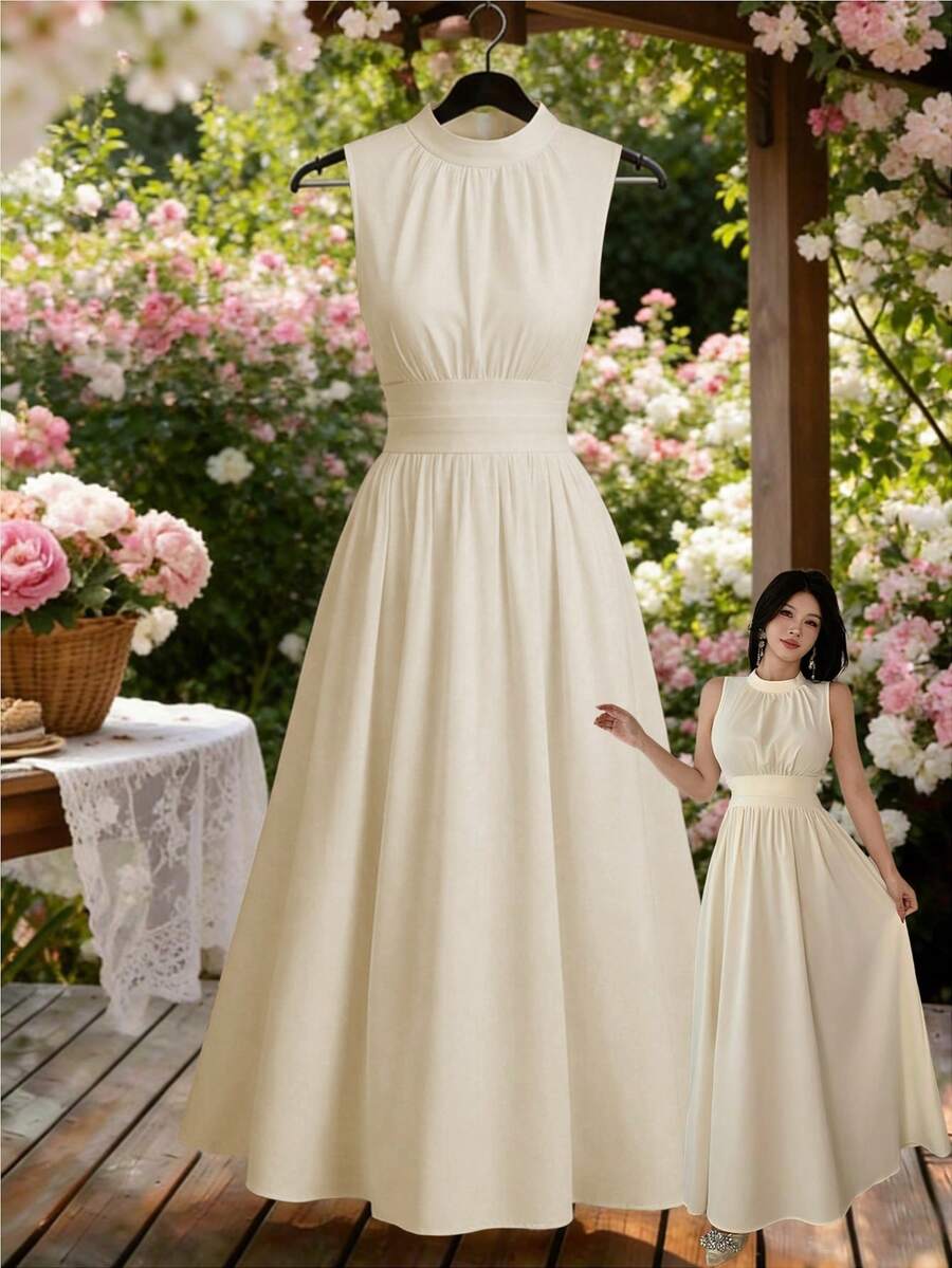 Celisse White Summer Elegant Party Pleated Front Drawstring Waist Dress With Stand Collar,Sleeveless Princess Wedding Gown For Bride Reception Bridesmaid - Apricot - View 1