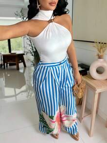 Blue & White Pleated Waist Loose Women Casual Pants Women Vacation Outfit Sets Tropical Vacation Outfits For Women Women 2 Pieces Outfit Casual Woman Summer Outfits Women's Beach Outfits Women's Beach Outfits Wide Leg Pants For Women - Multicolor - View 7