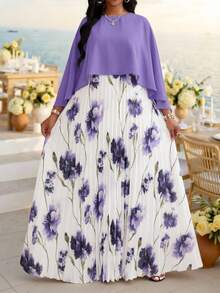 大码女式印花拼接褶裥下摆优雅夏季连衣裙 - 粉色 - 查看 6