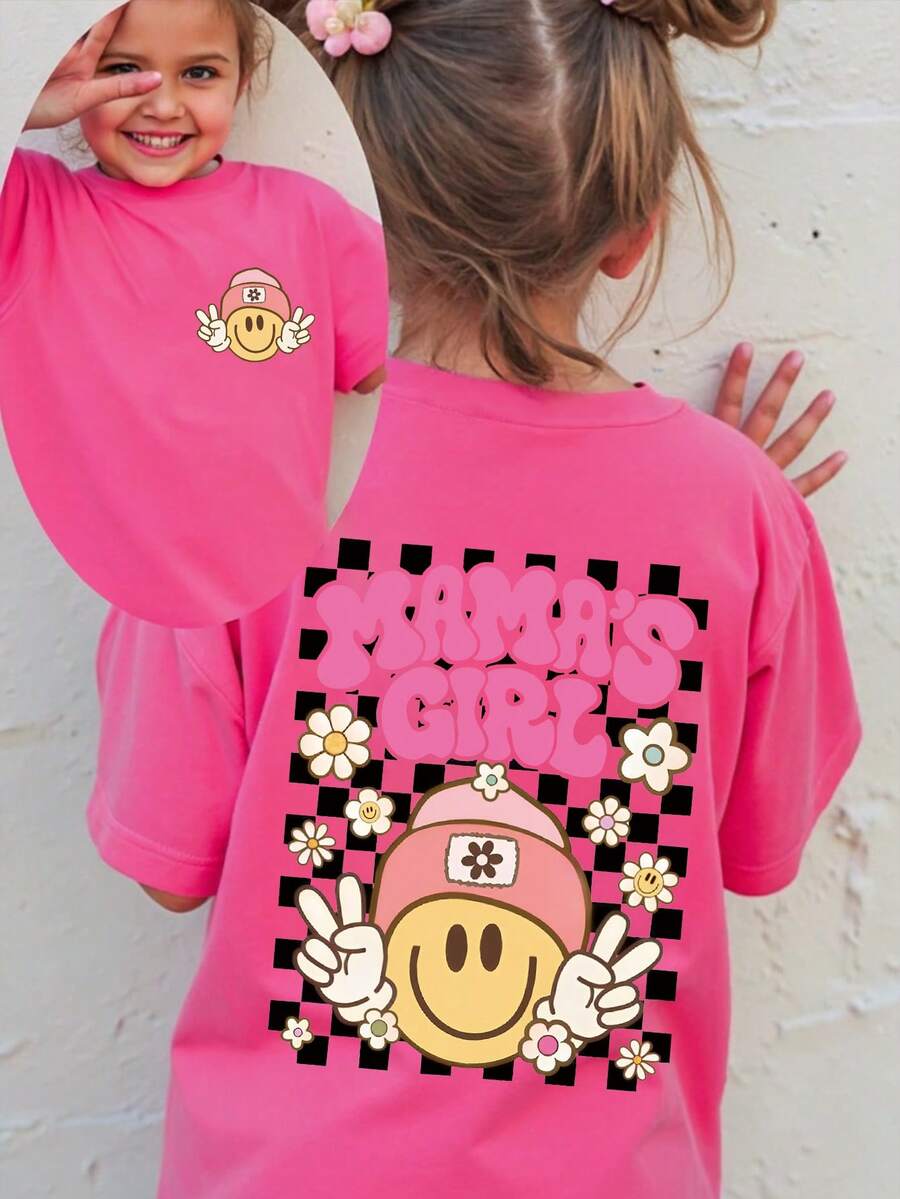 Young Girls' Casual Comfortable Fashion Cute Personalized Letter, Checkerboard, Face, Floral Print Short Sleeve T-Shirt, Suitable For Spring/Summer Daily Wear And - Hot Pink - View 1