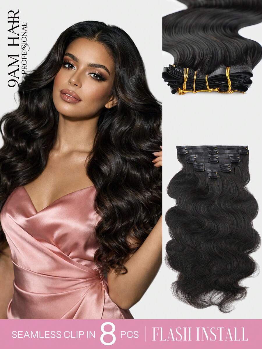 Seamless Clip Ins 7 件波浪自然黑 130 克/150 克 全头无缝 PU 夹接发 100% 角质层对齐 双染雷米真人发 HQ 隐形夹接发 - Natural Black - 查看 1